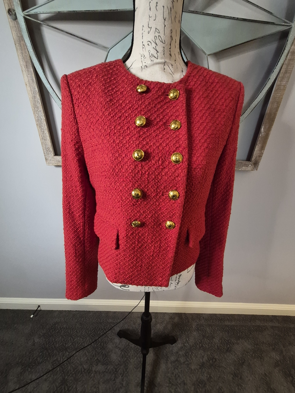 Veronica Beard Bentley Blazer Nantucket Red Tweed Cropped Military Button - 6 - Picture 10 of 15
